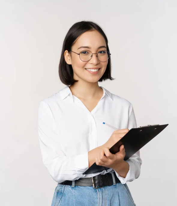 image-smiling-korean-office-lady-company-employee-writing-down-clipboard-taking-notes-standing-white-background_1258-89092